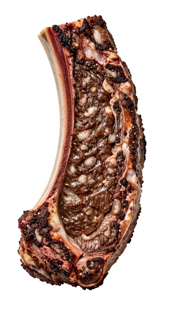 single beef rib with espresso-dark crust, closeup