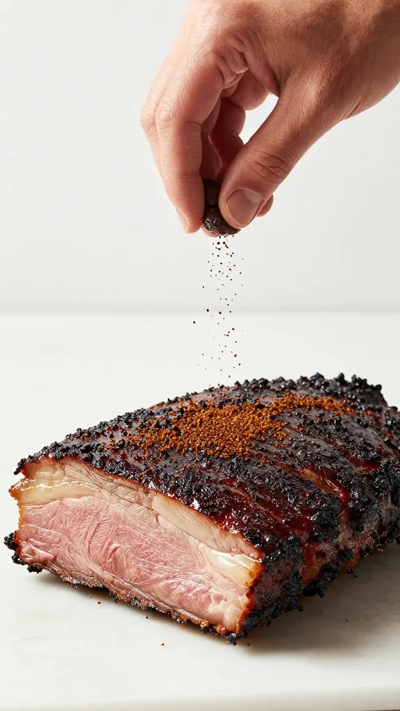 hand sprinkling fine coffee-ancho rub over brisket