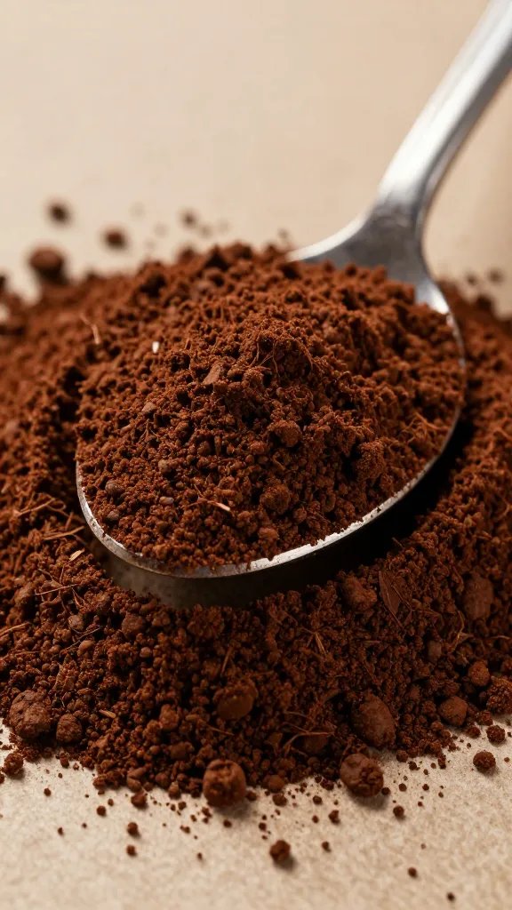 mound of finely ground coffee in metal spoon, macro