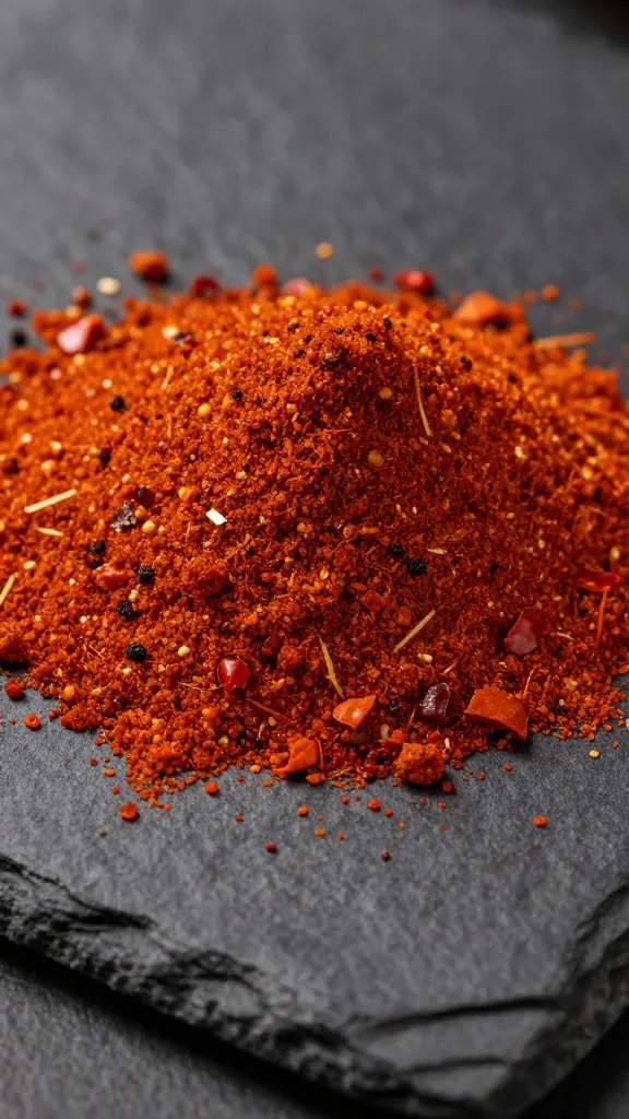 ancho chili powder heap on black slate, closeup