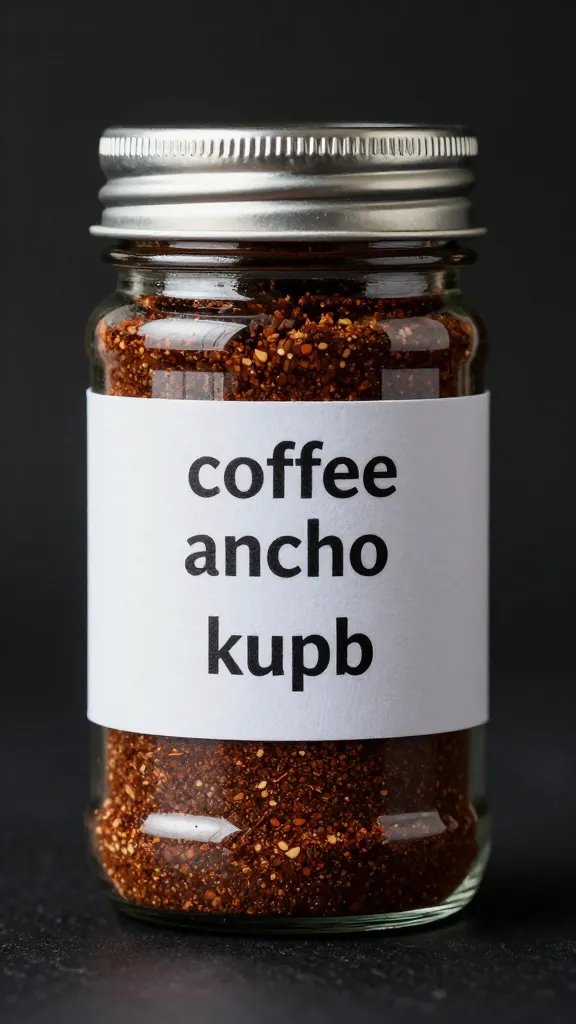labeled airtight jar of coffee-ancho rub, studio shot