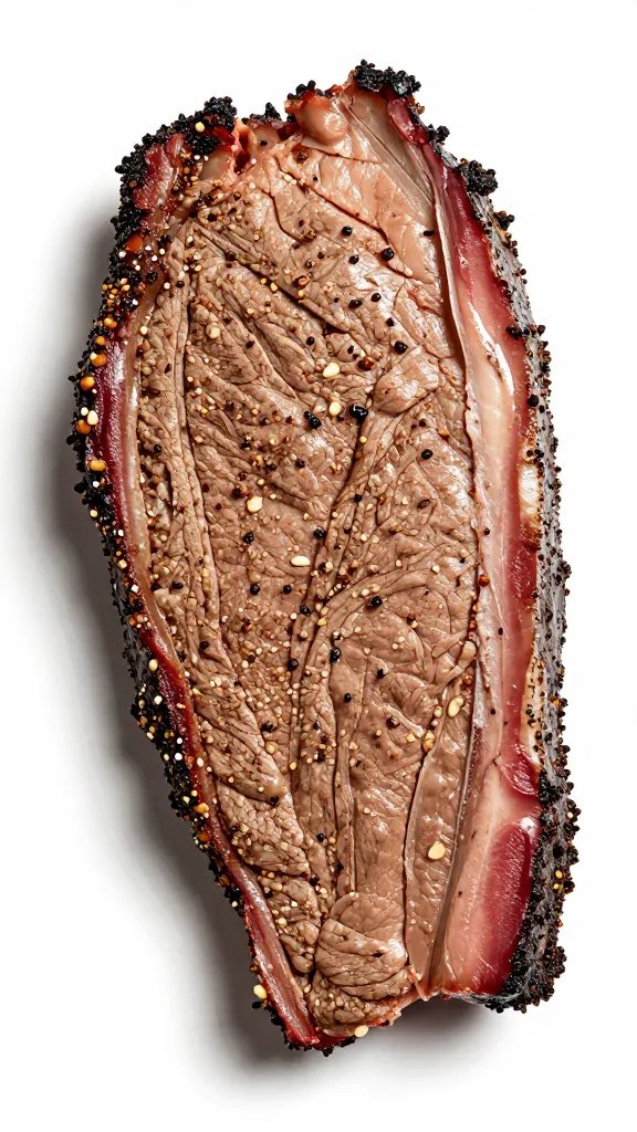 trimmed brisket flat coated in rub, overhead closeup