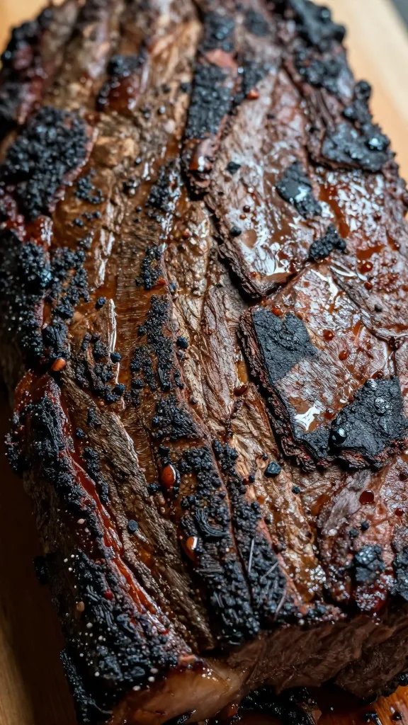smoke-kissed bark detail on resting brisket, macro