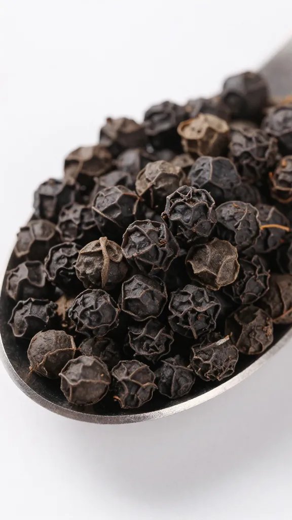 closeup of 16-mesh black pepper in a metal spoon