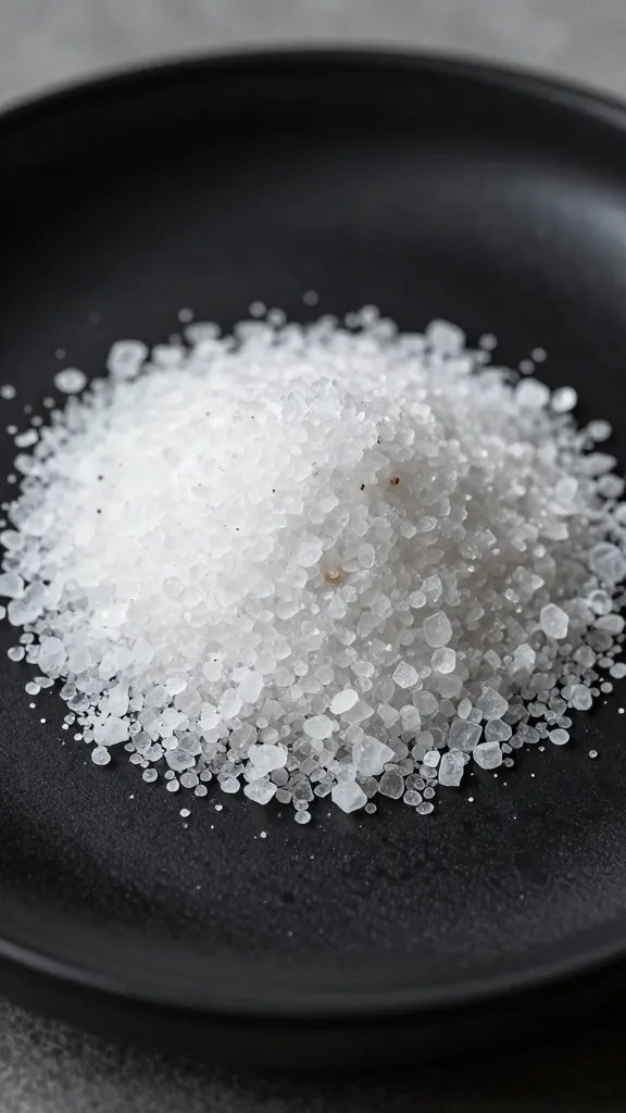 kosher salt mound on matte black plate, tight macro