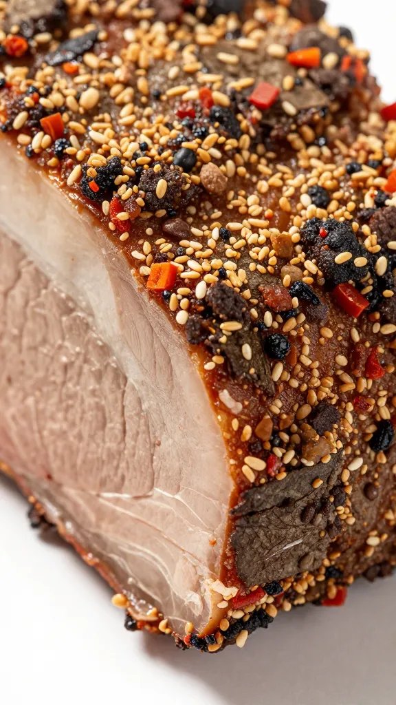 pepper-crusted bark on sliced brisket edge, macro