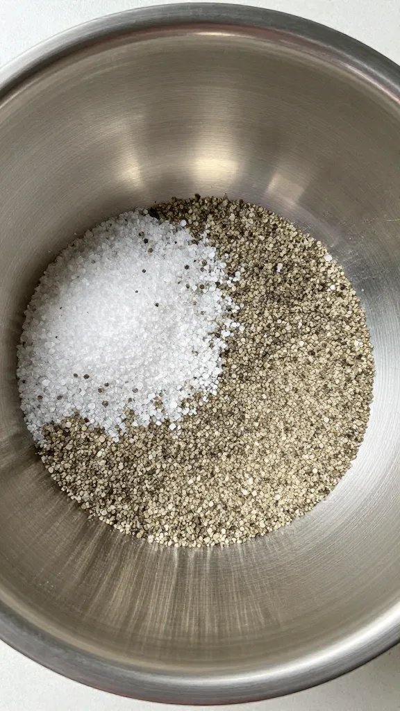 stainless mixing bowl with 50/50 salt-pepper blend, top-down