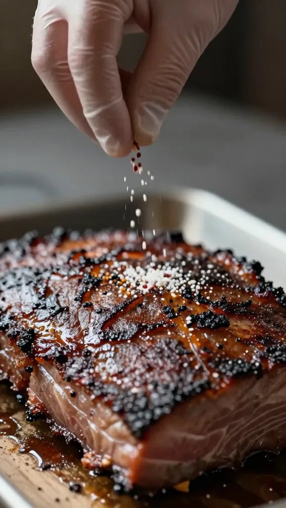 gloved hand sprinkling rub over brisket surface, closeup