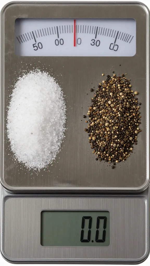 digital scale showing equal volumes salt and pepper, closeup