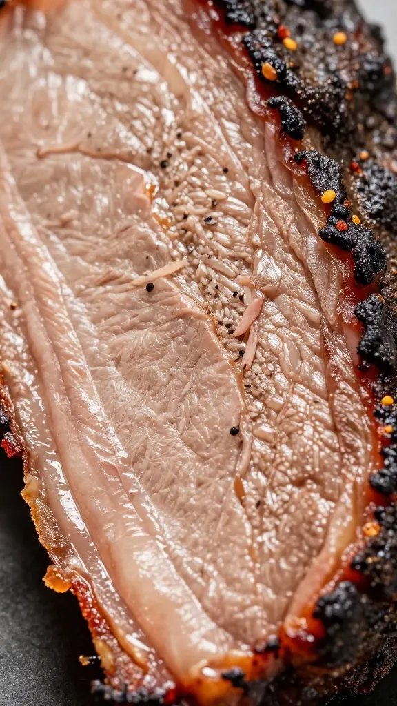 bark texture on smoked brisket slice, crisp detail macro