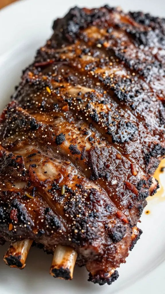 closeup of St. Louis rib rack with dry rub bark
