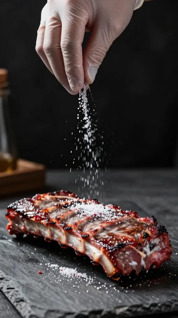 gloved hand sprinkling rub onto single rib rack
