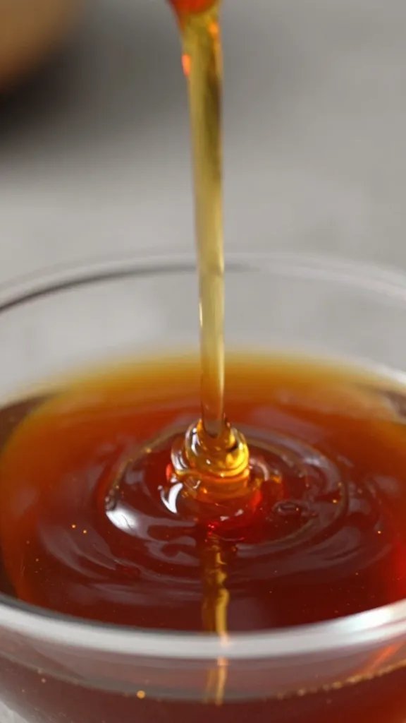 Molasses ribbon pouring into sauce bowl, closeup