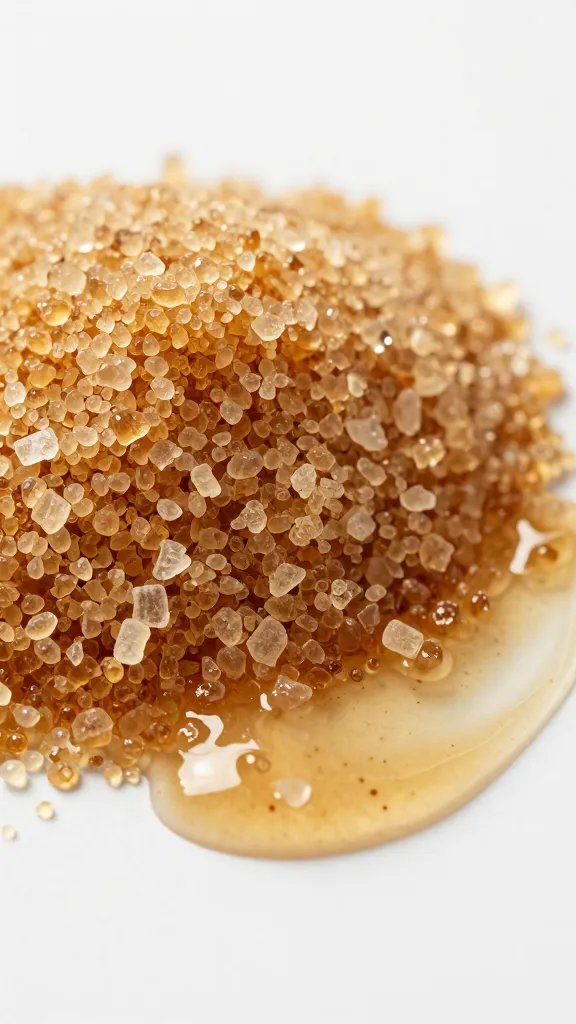 Brown sugar mound beside sauce smear, macro
