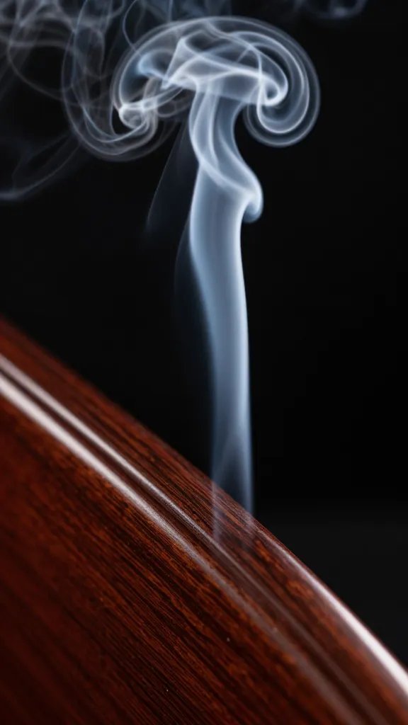 Smoke wisp over lacquered rib edge, tight shot