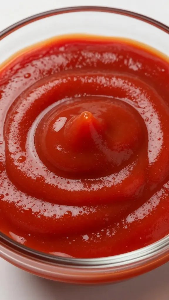 Ketchup base in glass bowl with sheen, overhead closeup