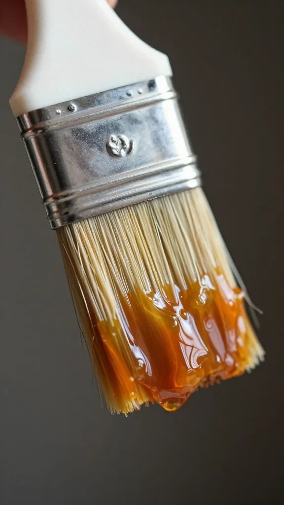 Basting brush bristles coated in sticky sauce, macro