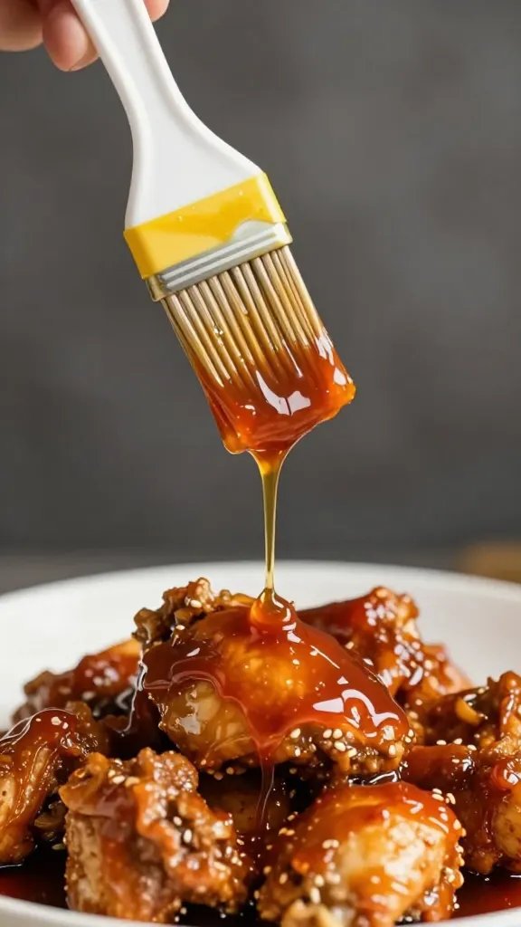 Basting brush dripping huli huli sauce over chicken