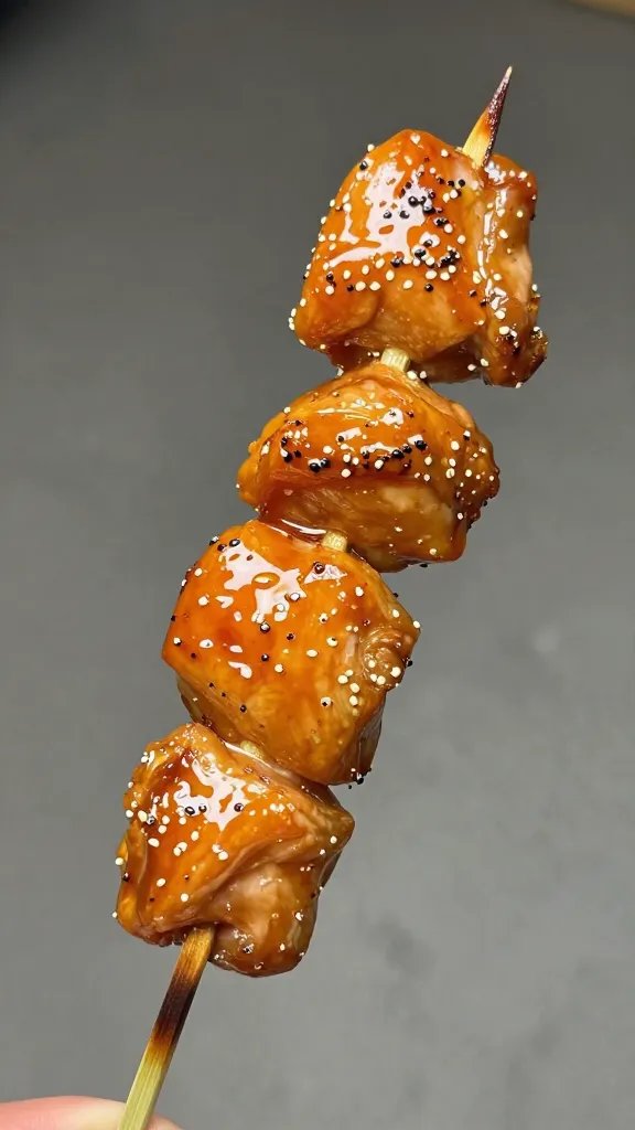 Char-kissed chicken skewer with lacquered finish