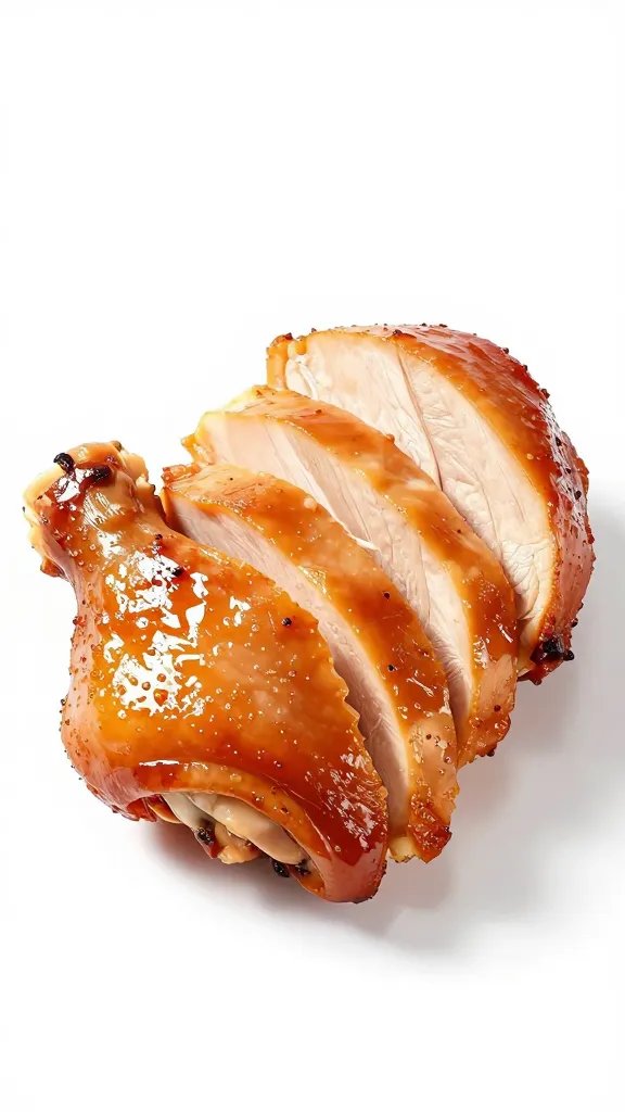 Sliced smoked chicken thigh mopped, glossy finish