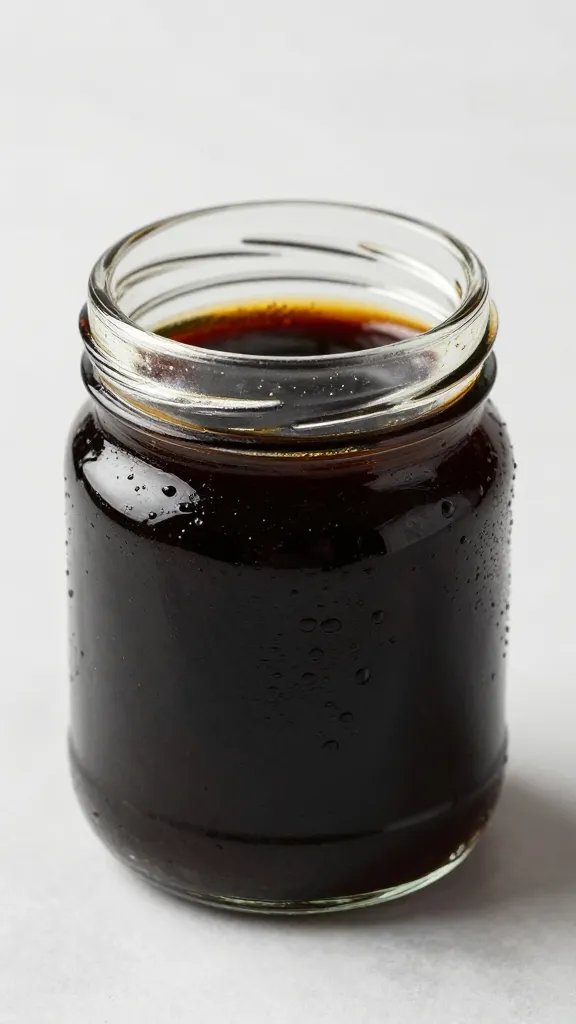 Small glass jar of black BBQ sauce, condensation