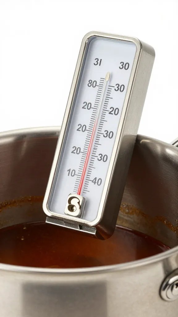 Thermometer clipped to simmering sauce pot