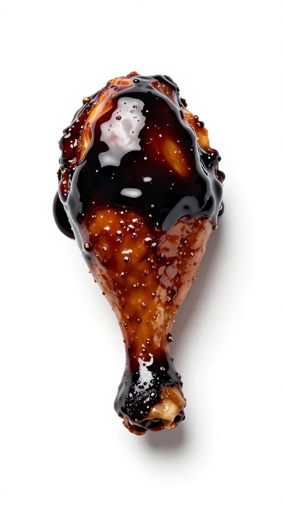 Single chicken drumstick lacquered with black sauce