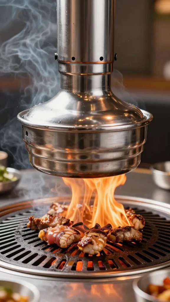 Stainless ladle hovering over smoking grill grate