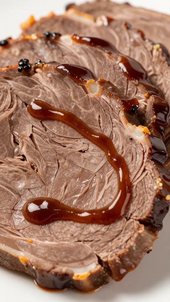 Dark sauce sheen on carved mutton slice, macro shot