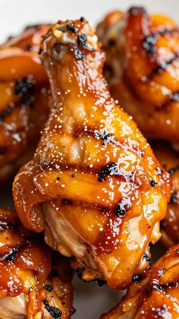 closeup glazed grilled chicken thigh with peach bbq lacquer