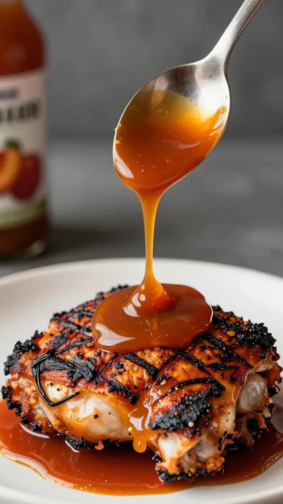 spoon dripping Georgia peach bbq sauce over charred thigh