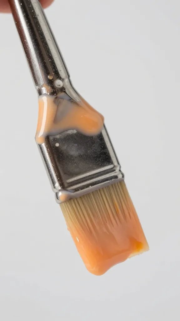 single basting brush coated in peach bbq glaze