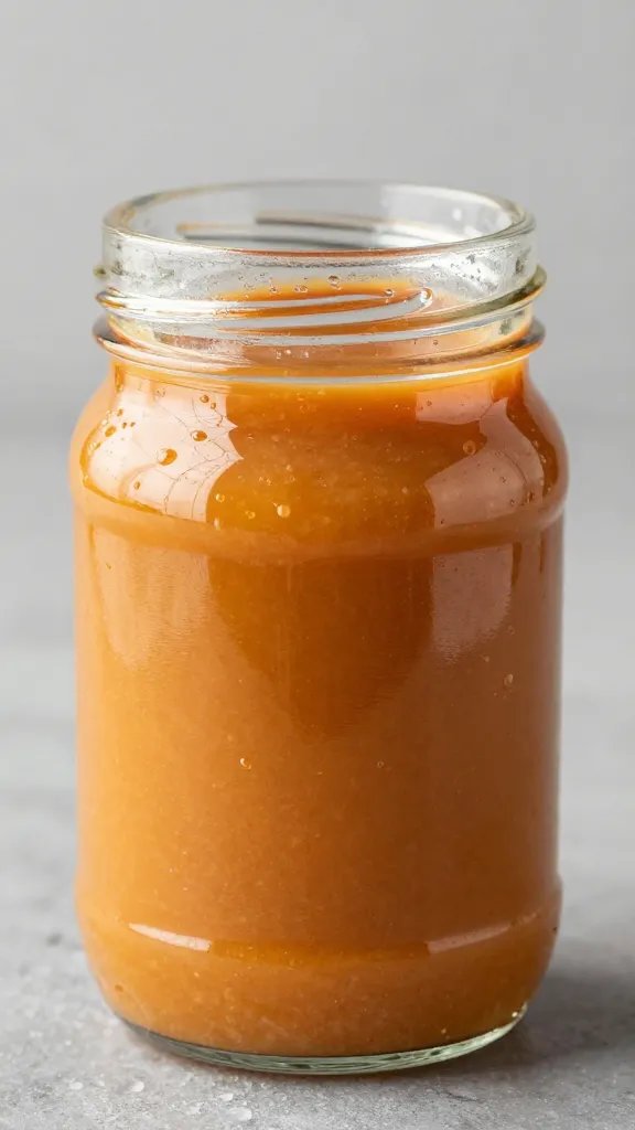 peach bbq sauce in glass jar, glossy surface