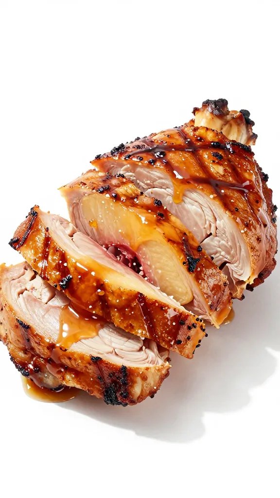 sliced grilled thigh showing juicy interior, peach glaze