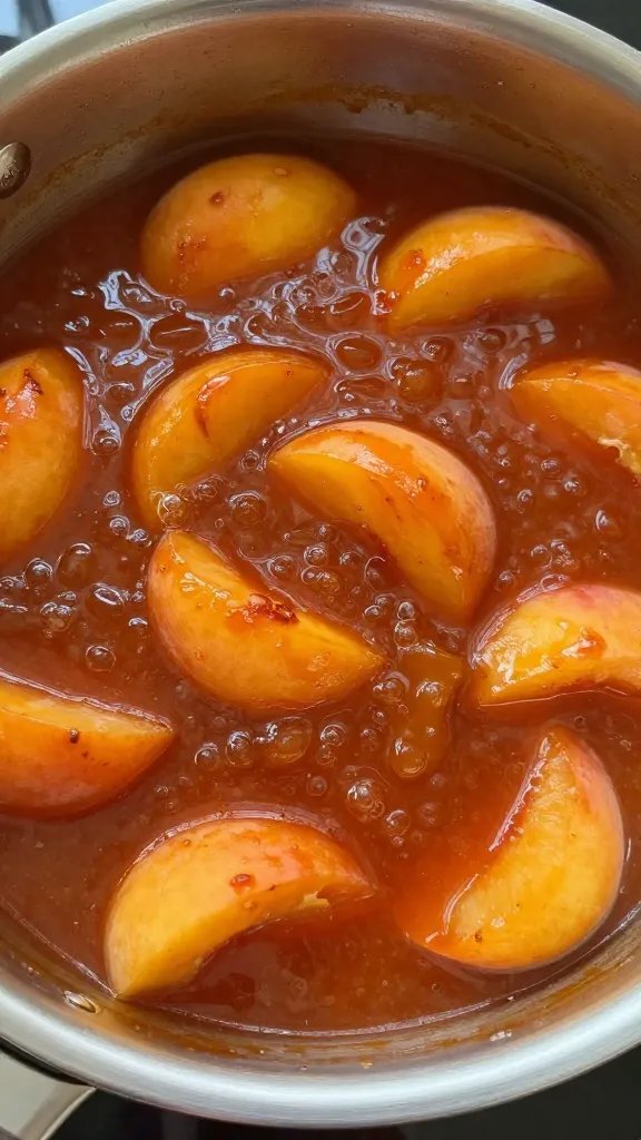 saucepan of simmering peach bbq sauce, visible peach bits