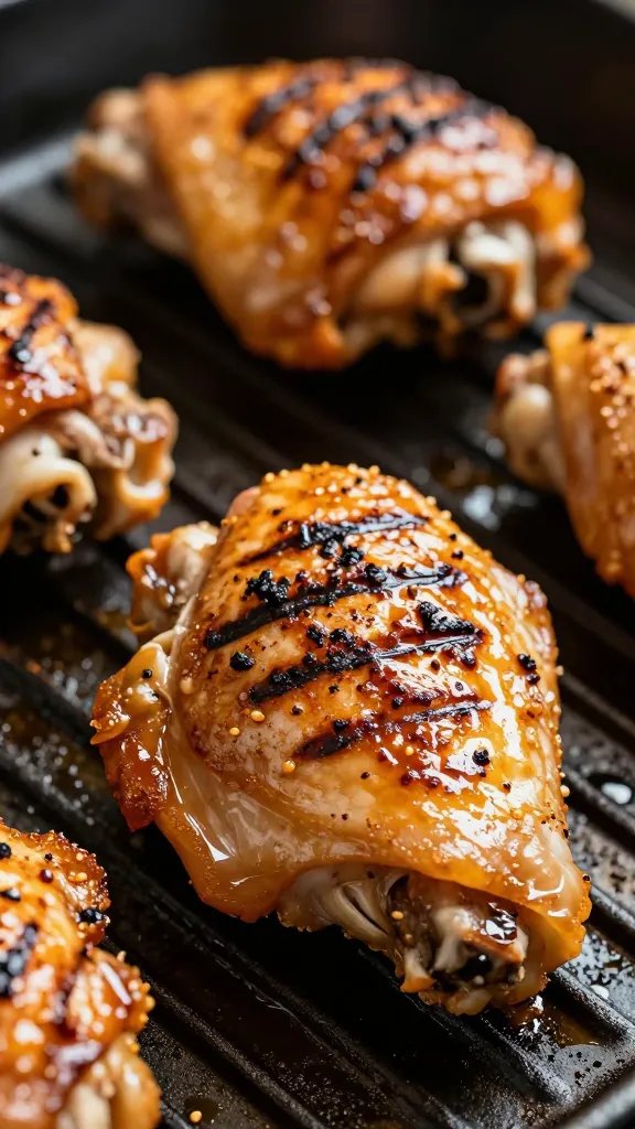 grill grate marks on sauced chicken thigh, tight macro