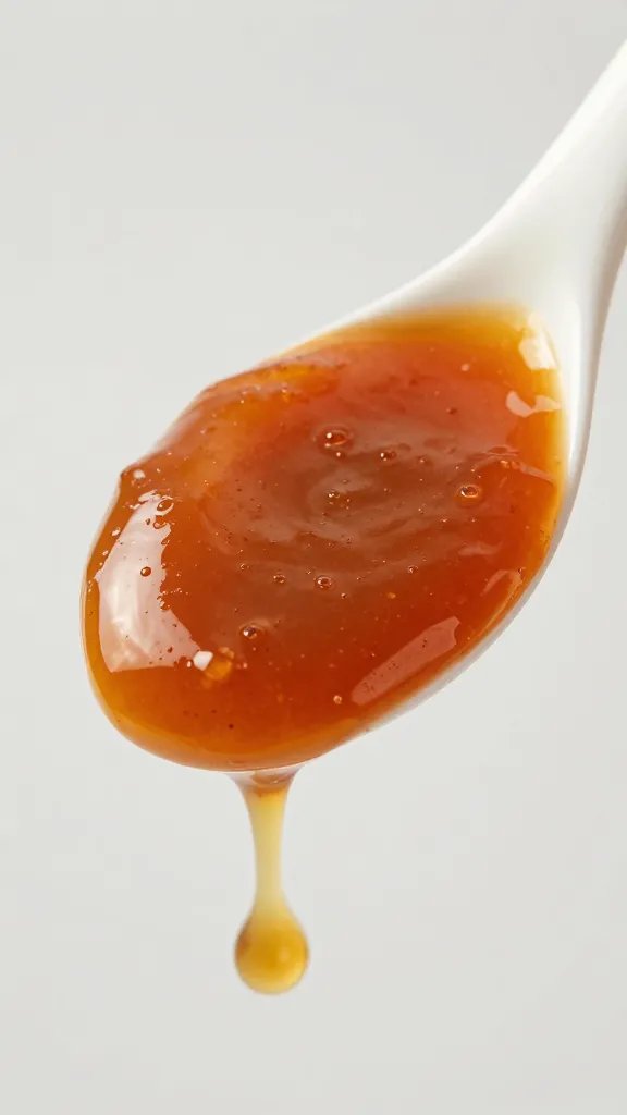 peach bbq sauce on white spoon, thick and glossy