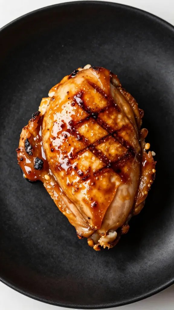 single grilled chicken thigh on black plate, sticky glaze
