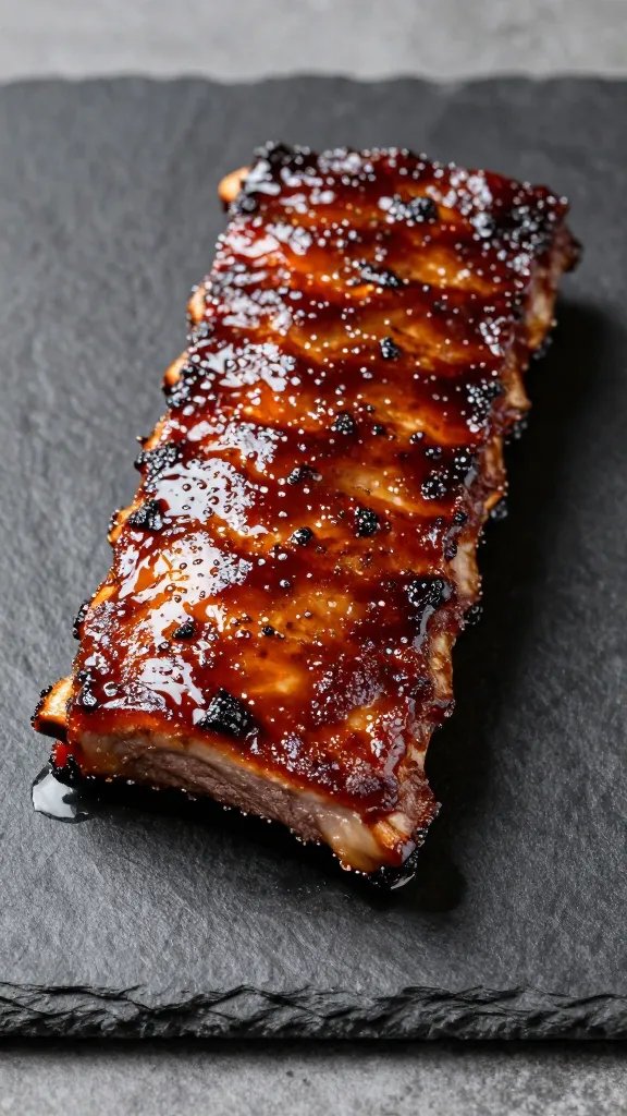 Glazed Memphis wet rib slice on black slate