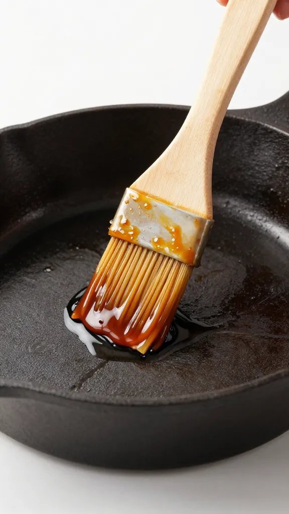 Sauce-dipped basting brush over cast-iron saucepan