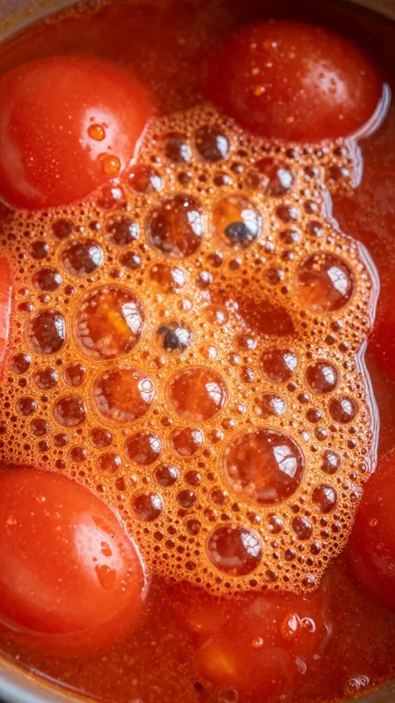 Closeup of simmering tomato-vinegar sauce bubbles