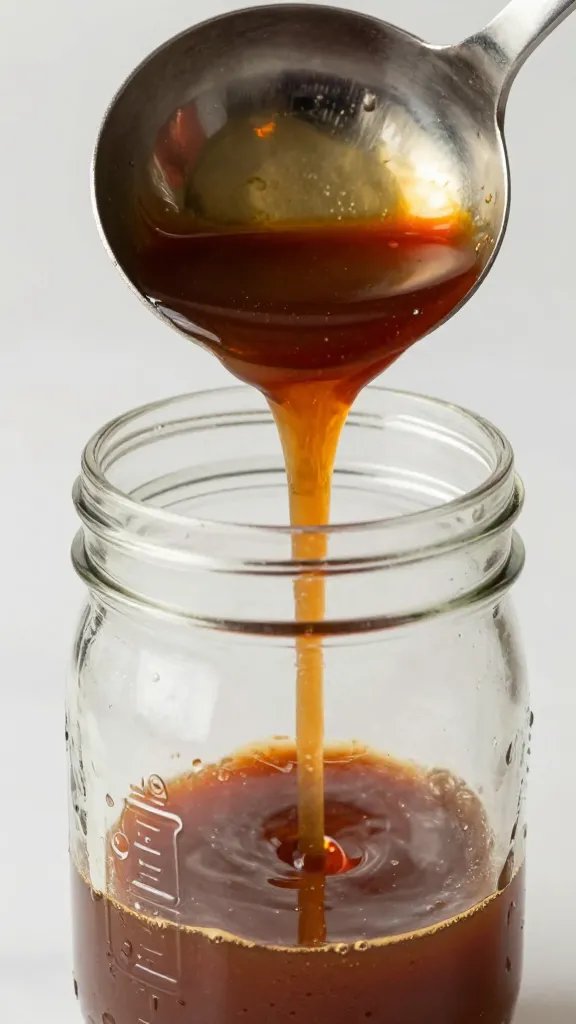 Ladle pouring thin Memphis sauce into mason jar
