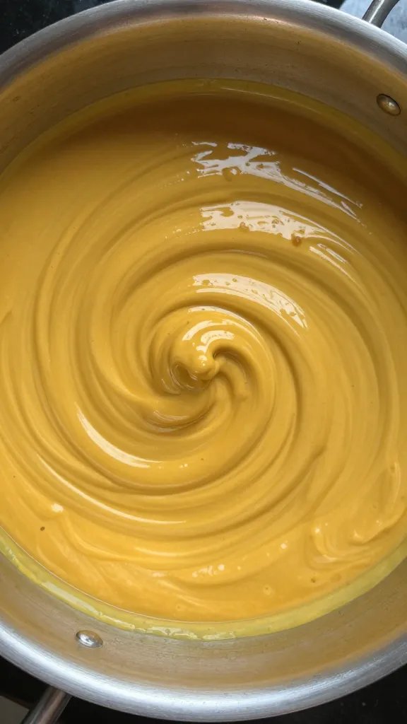Mustard-molasses swirl in saucepan, overhead closeup