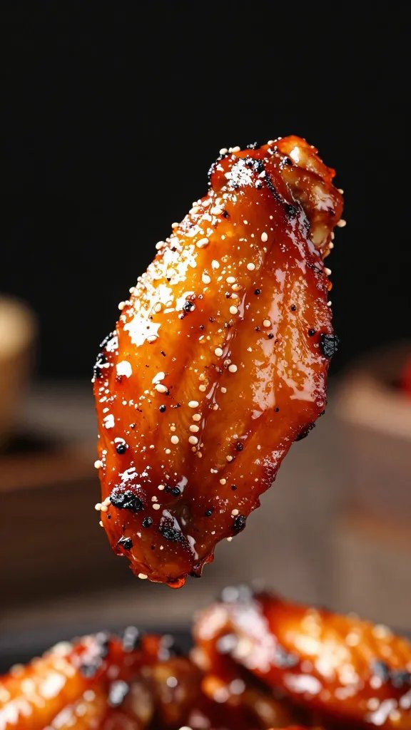 Charred chicken wing glazed, dripping sauce bead