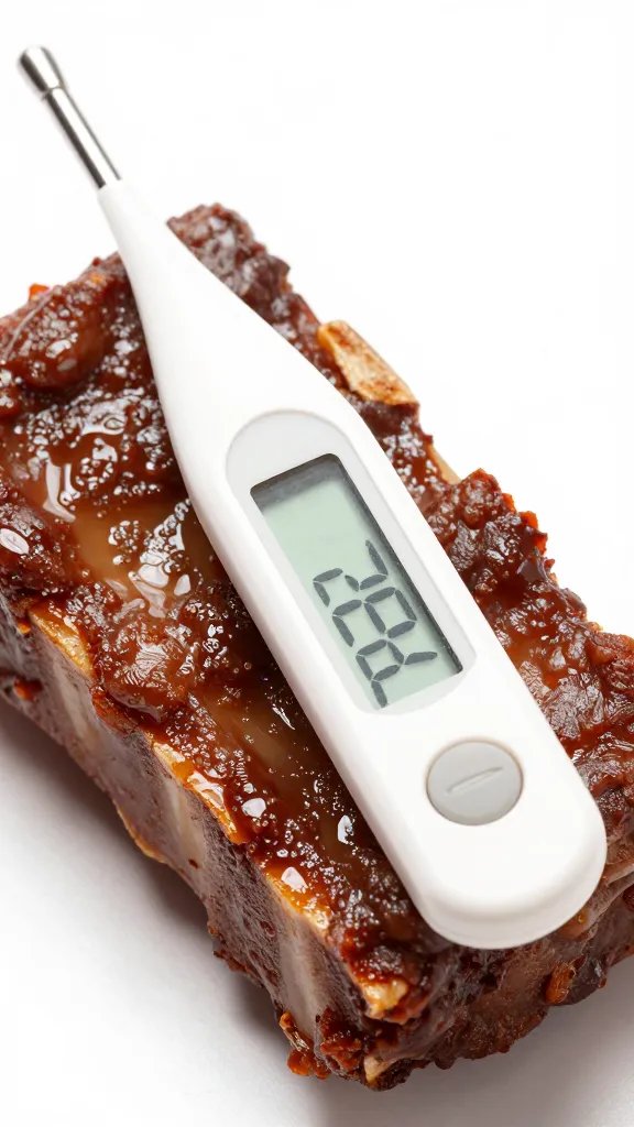 Digital thermometer probe in sauced rib bark