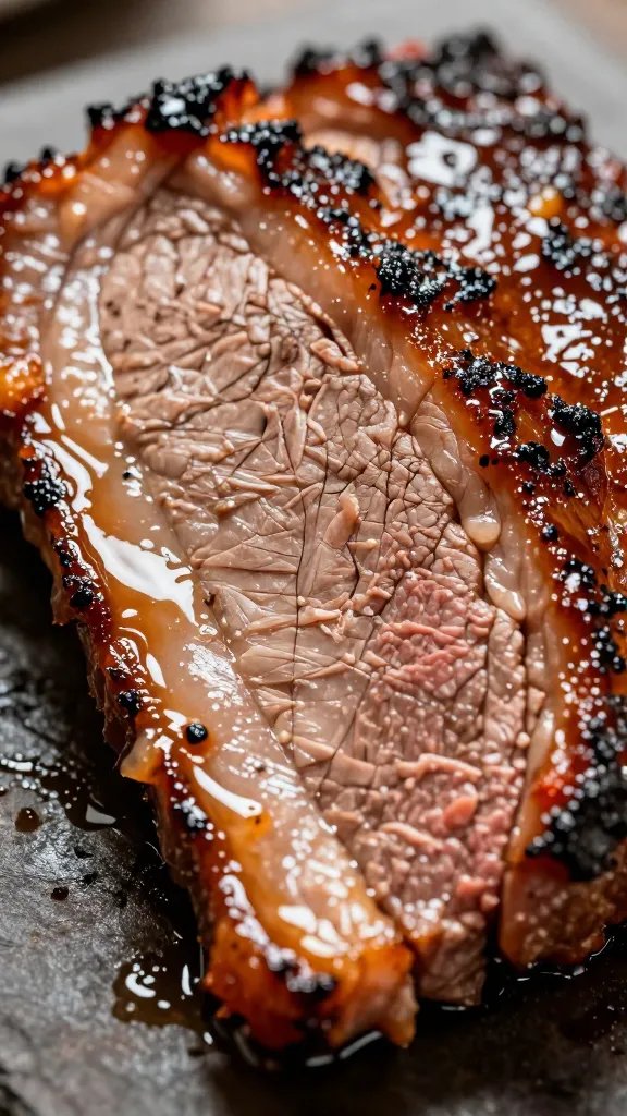 single brisket slice with glossy mop sheen, macro