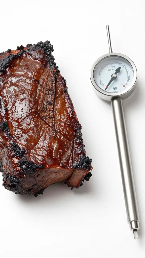 meat thermometer probe beside mopped brisket bark