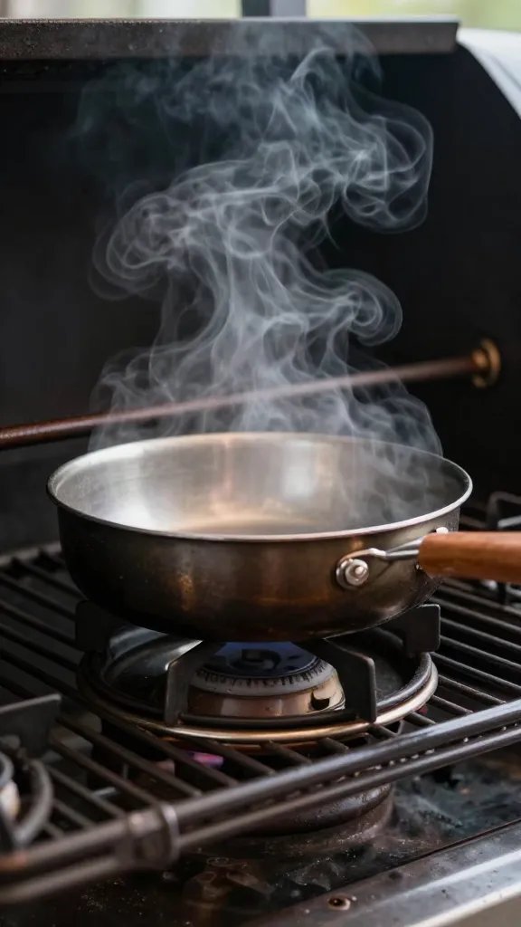 sauce pan on smoker side shelf, steam rising
