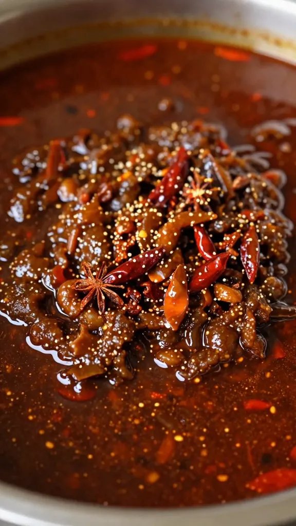 closeup of simmering mop sauce with floating spices