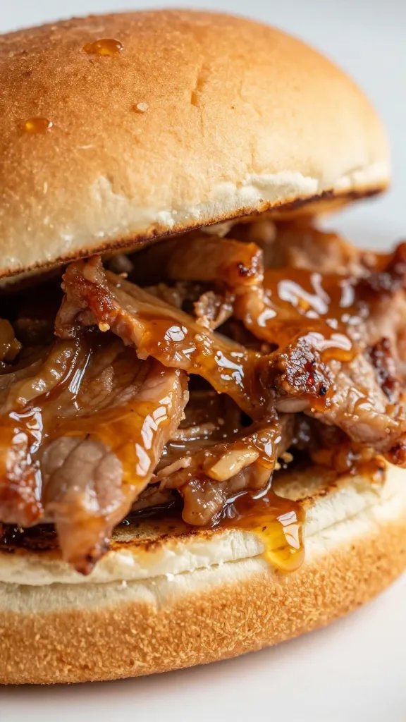 closeup of pulled pork sandwich with vinegar glaze
